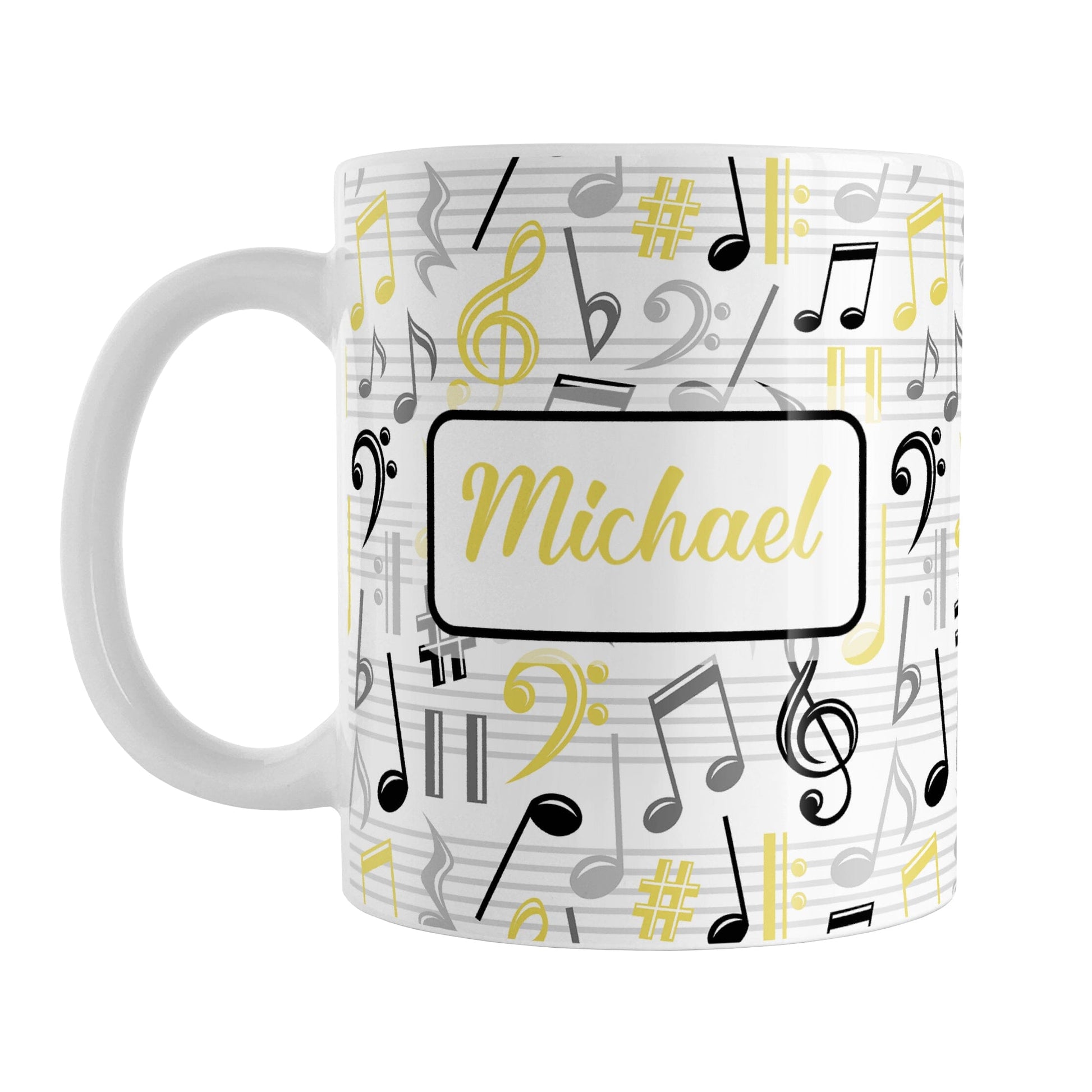 Personalized Yellow Music Notes Pattern Mug (11oz) at Amy's Coffee Mugs. A ceramic coffee mug designed with music notes and symbols in yellow, black, and gray in a pattern that wraps around the mug to the handle. Your personalized name is custom printed in a yellow script font on white over the music pattern design on both sides of the mug.