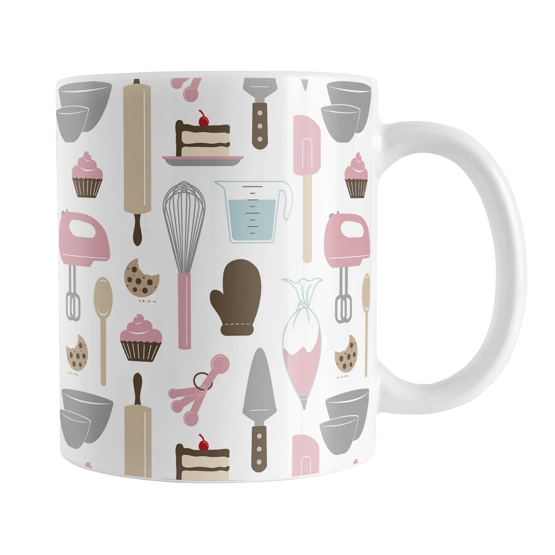 Pink Baking Pattern Mug (11oz) at Amy's Coffee Mugs. A ceramic coffee mug designed with a pattern of baking tools like spatulas, whisks, mixers, bowls, and spoons, with cookies, cupcakes, and cake all in a pink, gray, brown, and beige color scheme that wraps around the mug. 