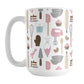 Pink Baking Pattern Mug (15oz) at Amy's Coffee Mugs. A ceramic coffee mug designed with a pattern of baking tools like spatulas, whisks, mixers, bowls, and spoons, with cookies, cupcakes, and cake all in a pink, gray, brown, and beige color scheme that wraps around the mug. 