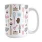 Pink Baking Pattern Mug (15oz) at Amy's Coffee Mugs. A ceramic coffee mug designed with a pattern of baking tools like spatulas, whisks, mixers, bowls, and spoons, with cookies, cupcakes, and cake all in a pink, gray, brown, and beige color scheme that wraps around the mug. 