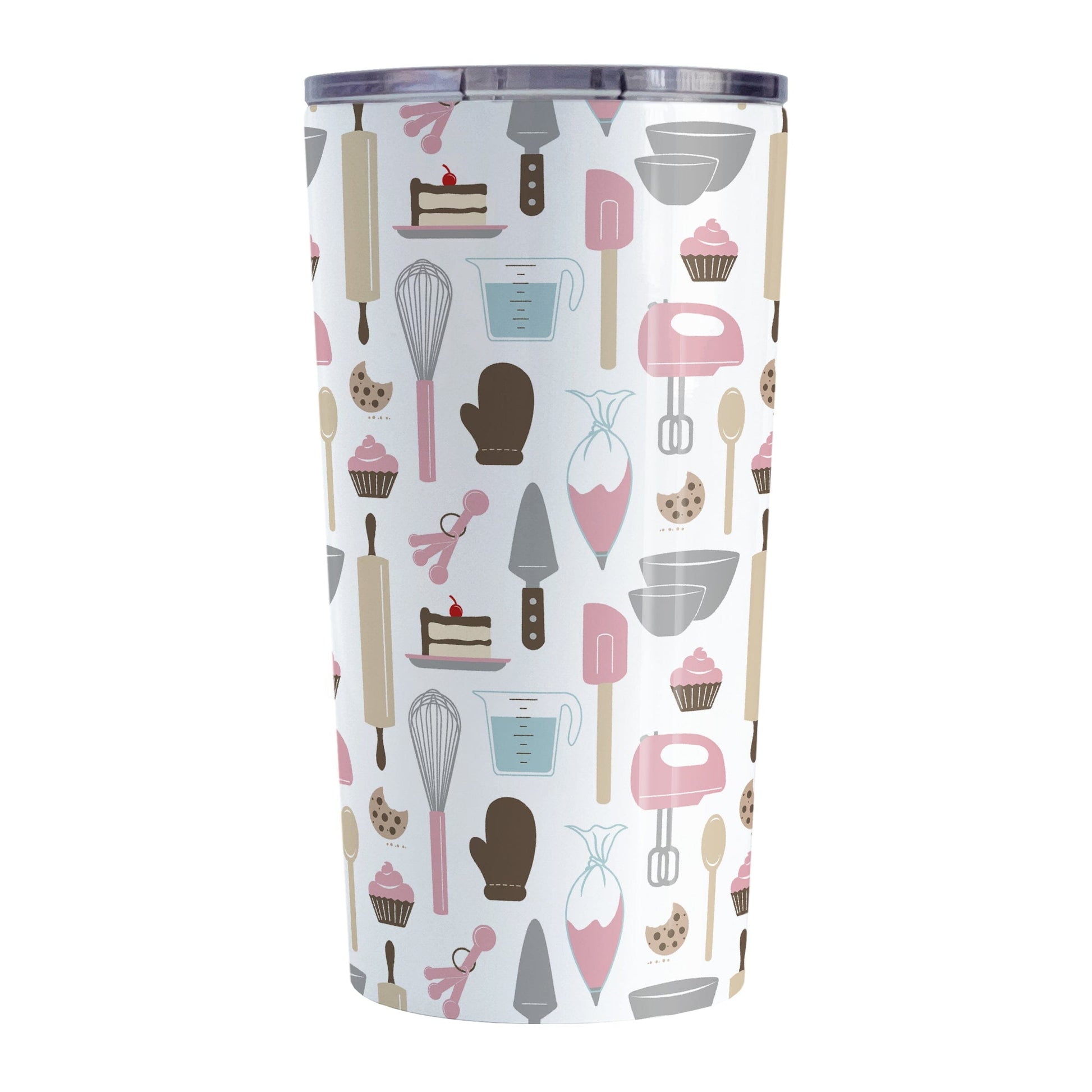 Pink Baking Pattern Tumbler Cup (20oz) at Amy's Coffee Mugs. A stainless steel tumbler cup designed with a pattern of baking tools like spatulas, whisks, mixers, bowls, and spoons, with cookies, cupcakes, and cake all in a pink, gray, brown, and beige color scheme that wraps around the cup. 