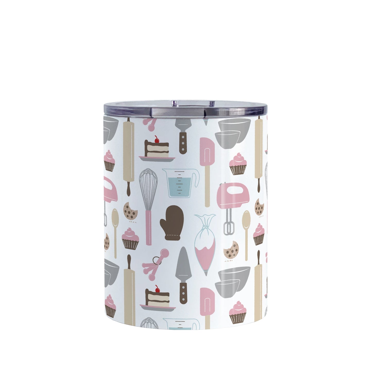Pink Baking Pattern Tumbler Cup (10oz) at Amy's Coffee Mugs. A stainless steel tumbler cup designed with a pattern of baking tools like spatulas, whisks, mixers, bowls, and spoons, with cookies, cupcakes, and cake all in a pink, gray, brown, and beige color scheme that wraps around the cup. 