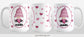 Pink Gnome Dainty Hearts Mug (15oz) at Amy's Coffee Mugs. A ceramic coffee mug designed with an adorable pink gnome in a white oval on both sides of the mug over a pattern of cute dainty hearts in different shades of pink that wrap around the mug to the handle. Photo shows 3 sides of the mug to get a full view of the design.
