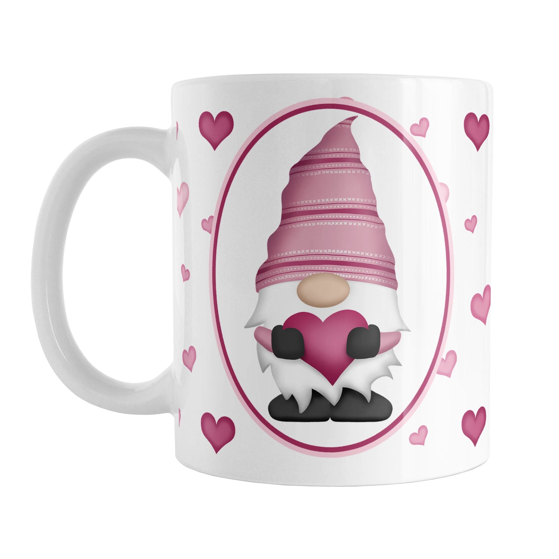 Pink Gnome Dainty Hearts Mug (11oz) at Amy's Coffee Mugs. A ceramic coffee mug designed with an adorable pink gnome in a white oval on both sides of the mug over a pattern of cute dainty hearts in different shades of pink that wrap around the mug to the handle.