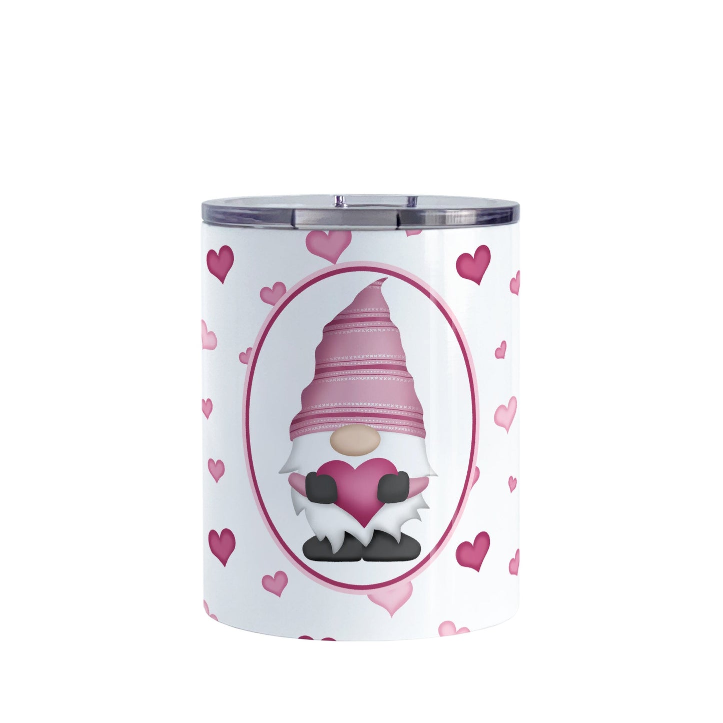 Pink Gnome Dainty Hearts Tumbler Cup (10oz) at Amy's Coffee Mugs. A stainless steel tumbler cup designed with an adorable pink gnome holding a heart in a white oval over a pattern of cute and dainty hearts in different shades of pink that wrap around the cup.