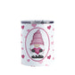 Pink Gnome Dainty Hearts Tumbler Cup (10oz) at Amy's Coffee Mugs. A stainless steel tumbler cup designed with an adorable pink gnome holding a heart in a white oval over a pattern of cute and dainty hearts in different shades of pink that wrap around the cup.
