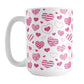 Pink Heart Doodles Mug (15oz) at Amy's Coffee Mugs. A ceramic coffee mug designed with hand-drawn pink heart doodles in a pattern that wraps around the cup. This cute heart pattern is perfect for Valentine's Day or for anyone who loves hearts and young-at-heart drawings. 