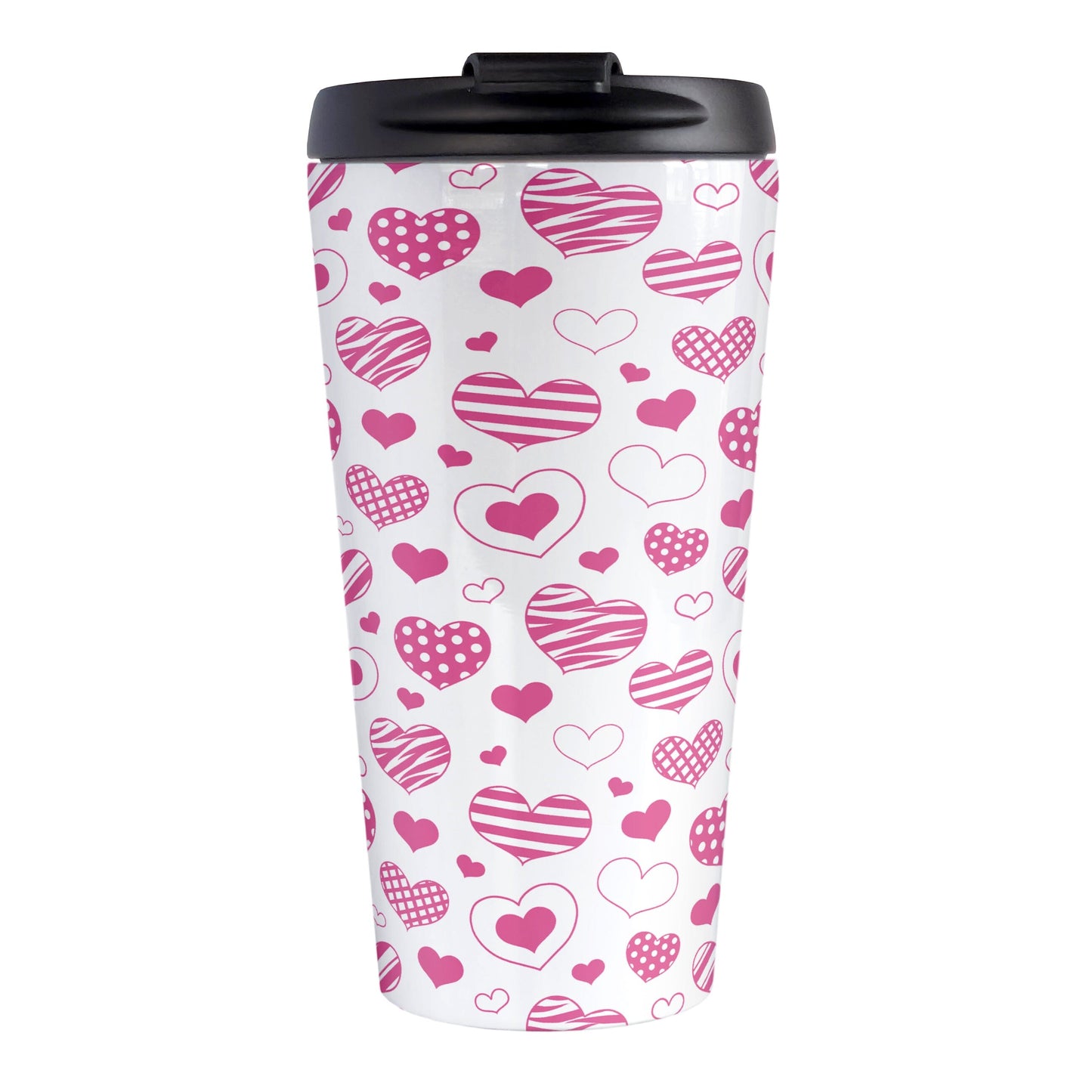 Pink Heart Doodles Travel Mug (15oz) at Amy's Coffee Mugs. A stainless steel travel mug designed with hand-drawn pink heart doodles in a pattern that wraps around the travel mug. This cute heart pattern is perfect for Valentine's Day or for anyone who loves hearts and young-at-heart drawings. 