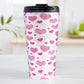 Pink Heart Doodles Travel Mug (15oz) at Amy's Coffee Mugs. A stainless steel travel mug designed with hand-drawn pink heart doodles in a pattern that wraps around the travel mug. This cute heart pattern is perfect for Valentine's Day or for anyone who loves hearts and young-at-heart drawings. 