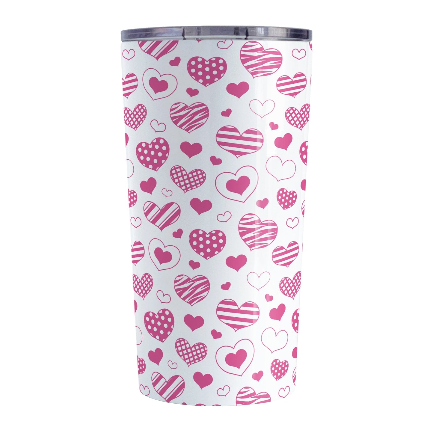 Pink Heart Doodles Tumbler Cup (20oz) at Amy's Coffee Mugs. A stainless steel tumbler cup designed with hand-drawn pink heart doodles in a pattern that wraps around the cup. This cute heart pattern is perfect for Valentine's Day or for anyone who loves hearts and young-at-heart drawings. 