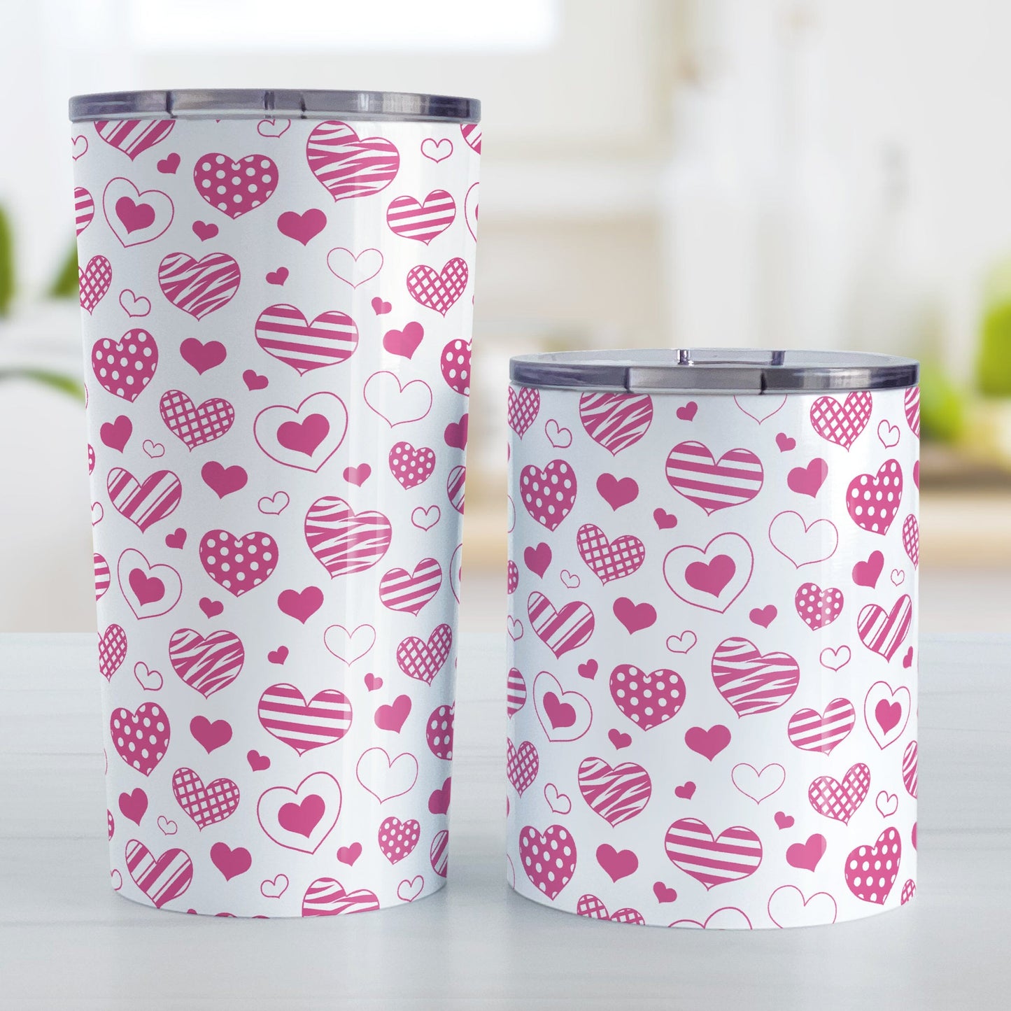 Pink Heart Doodles Tumbler Cup (20oz or 10oz) at Amy's Coffee Mugs. Stainless steel tumbler cups designed with hand-drawn pink heart doodles in a pattern that wraps around the cups. This cute heart pattern is perfect for Valentine's Day or for anyone who loves hearts and young-at-heart drawings. 