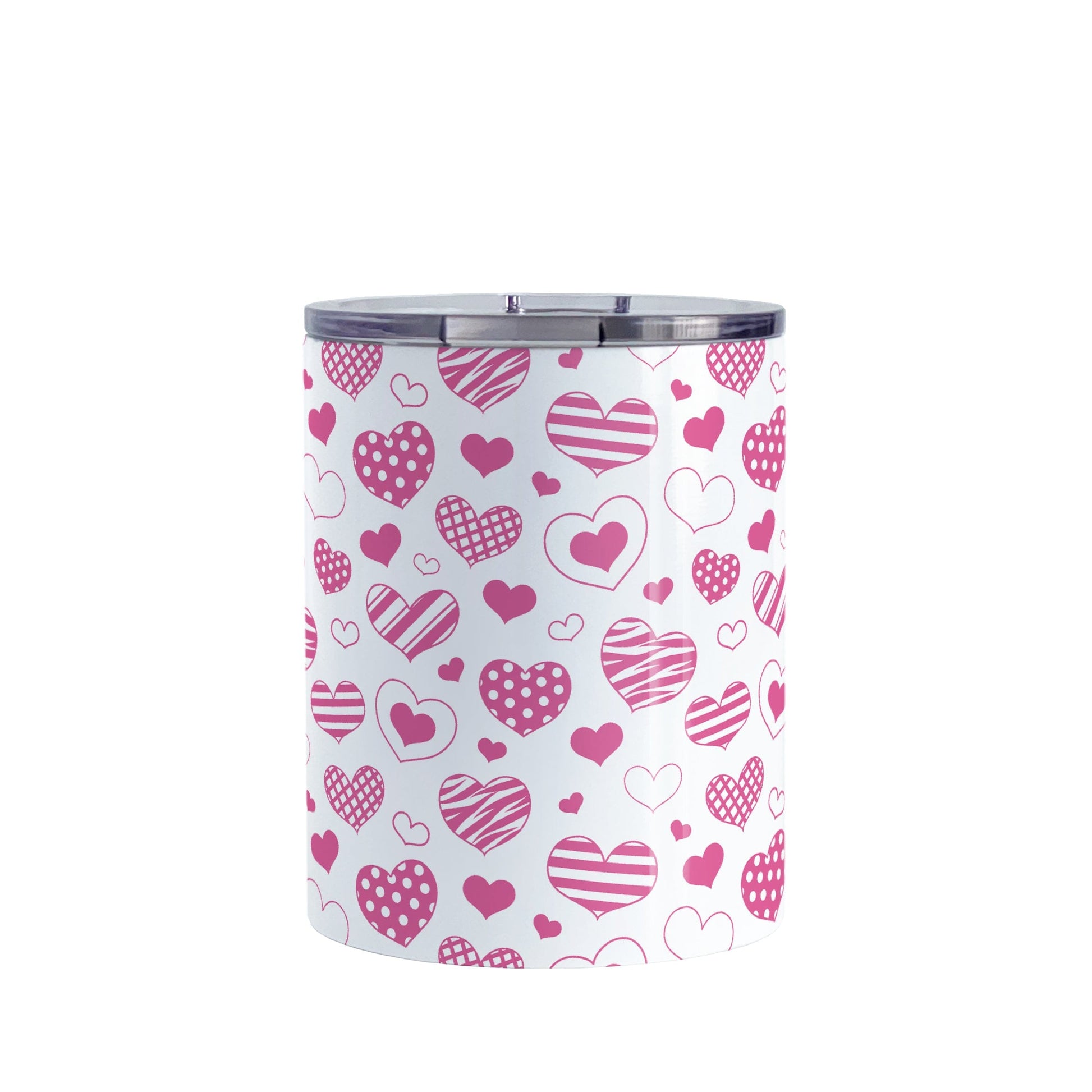 Pink Heart Doodles Tumbler Cup (10oz) at Amy's Coffee Mugs. A stainless steel tumbler cup designed with hand-drawn pink heart doodles in a pattern that wraps around the cup. This cute heart pattern is perfect for Valentine's Day or for anyone who loves hearts and young-at-heart drawings. 