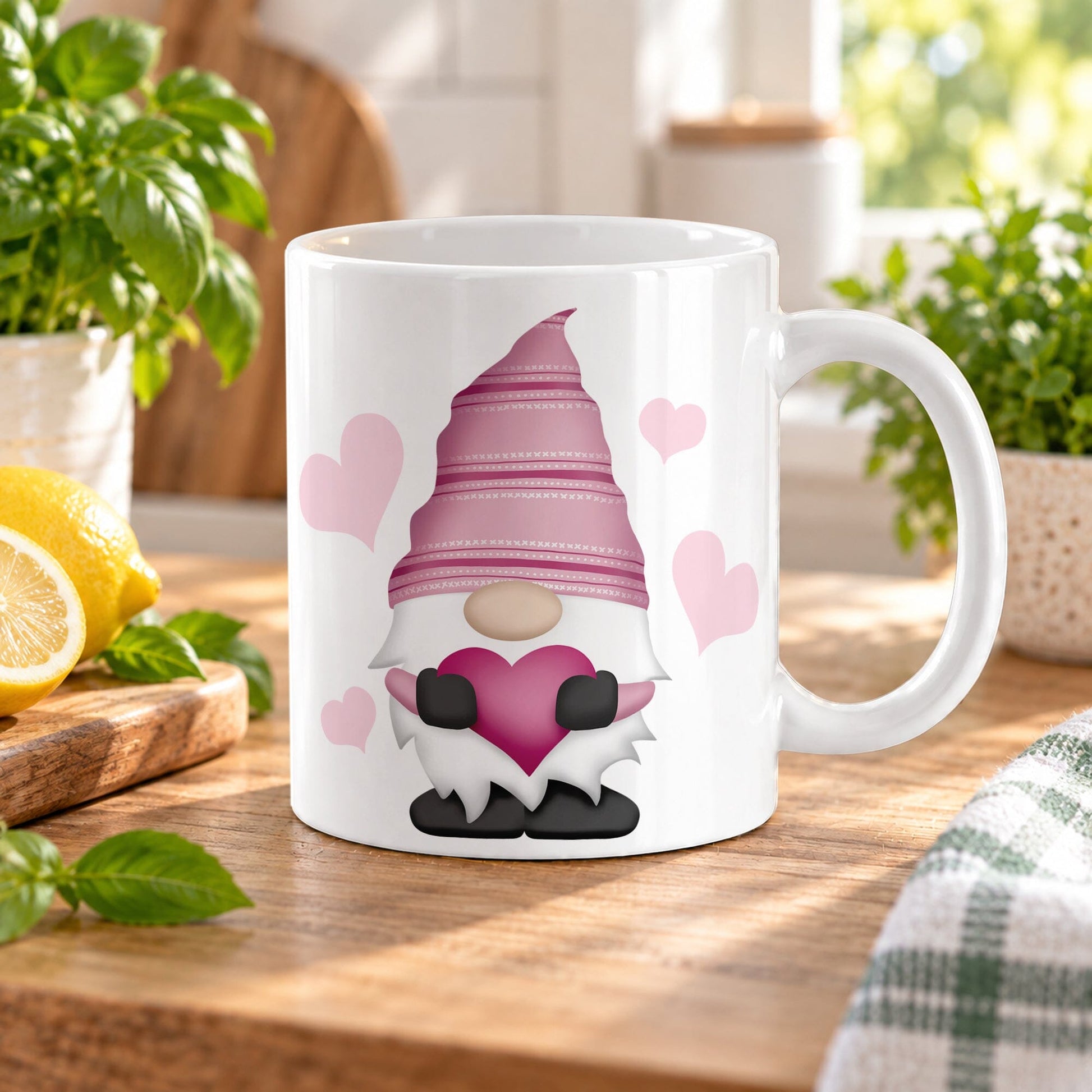 11 oz pink heart gnome mug with a Valentine gnome holding a fuchsia heart and surrounded by pink hearts, on a wooden table in a bright kitchen with green plants, a tea towel, and lemons on a wood cutting board.