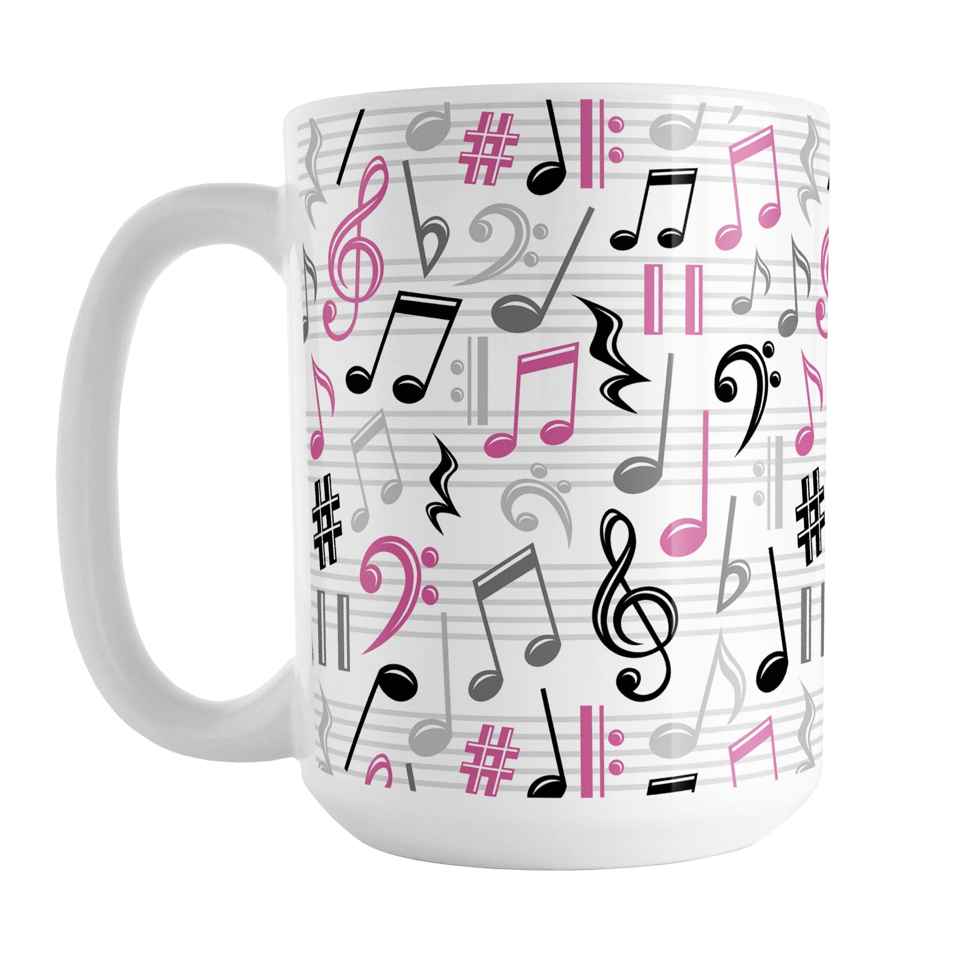 Pink Music Notes Pattern Mug (15oz) at Amy's Coffee Mugs. A ceramic coffee mug designed with music notes and symbols in pink, black, and gray in a pattern that wraps around the mug to the handle.