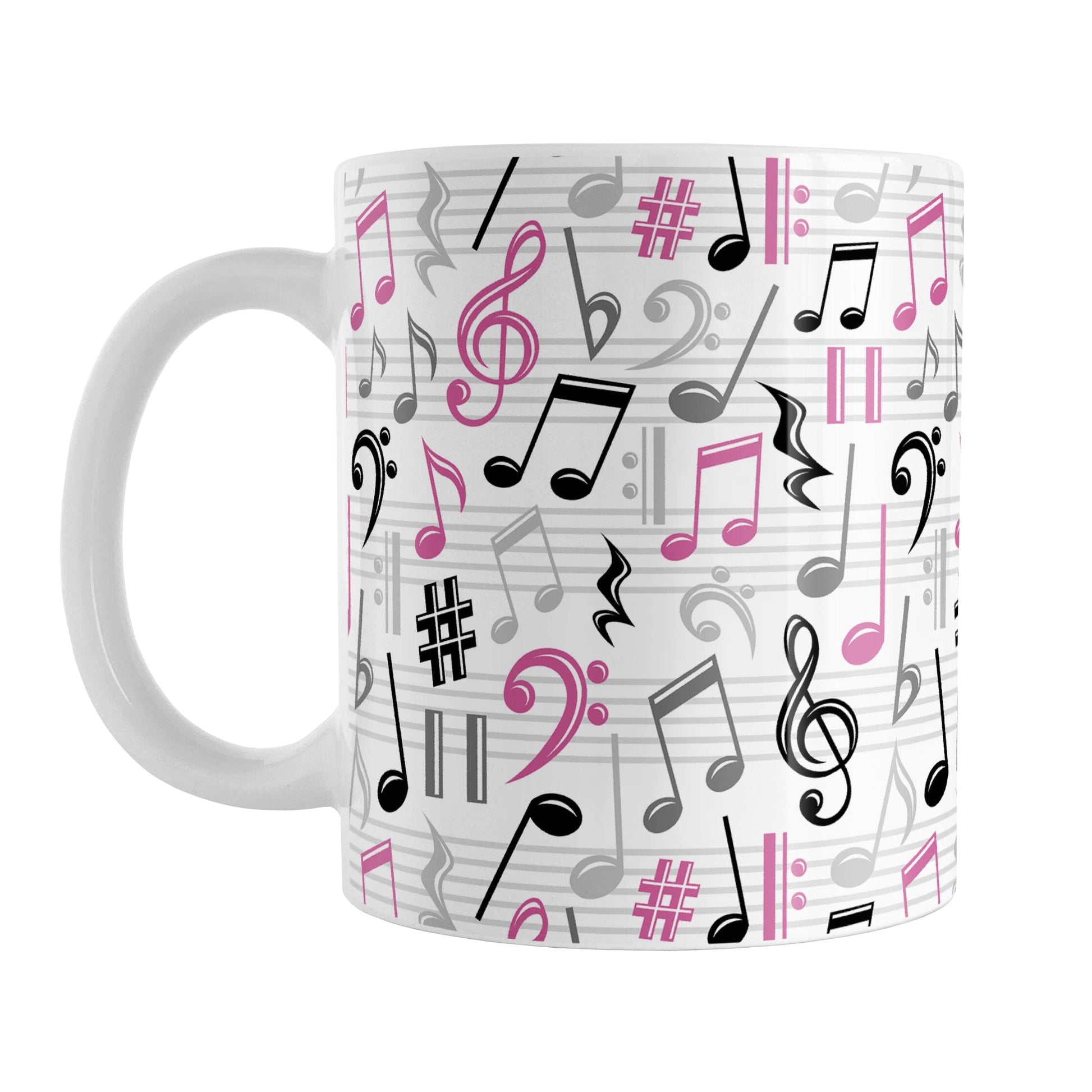 Pink Music Notes Pattern Mug (11oz) at Amy's Coffee Mugs. A ceramic coffee mug designed with music notes and symbols in pink, black, and gray in a pattern that wraps around the mug to the handle.