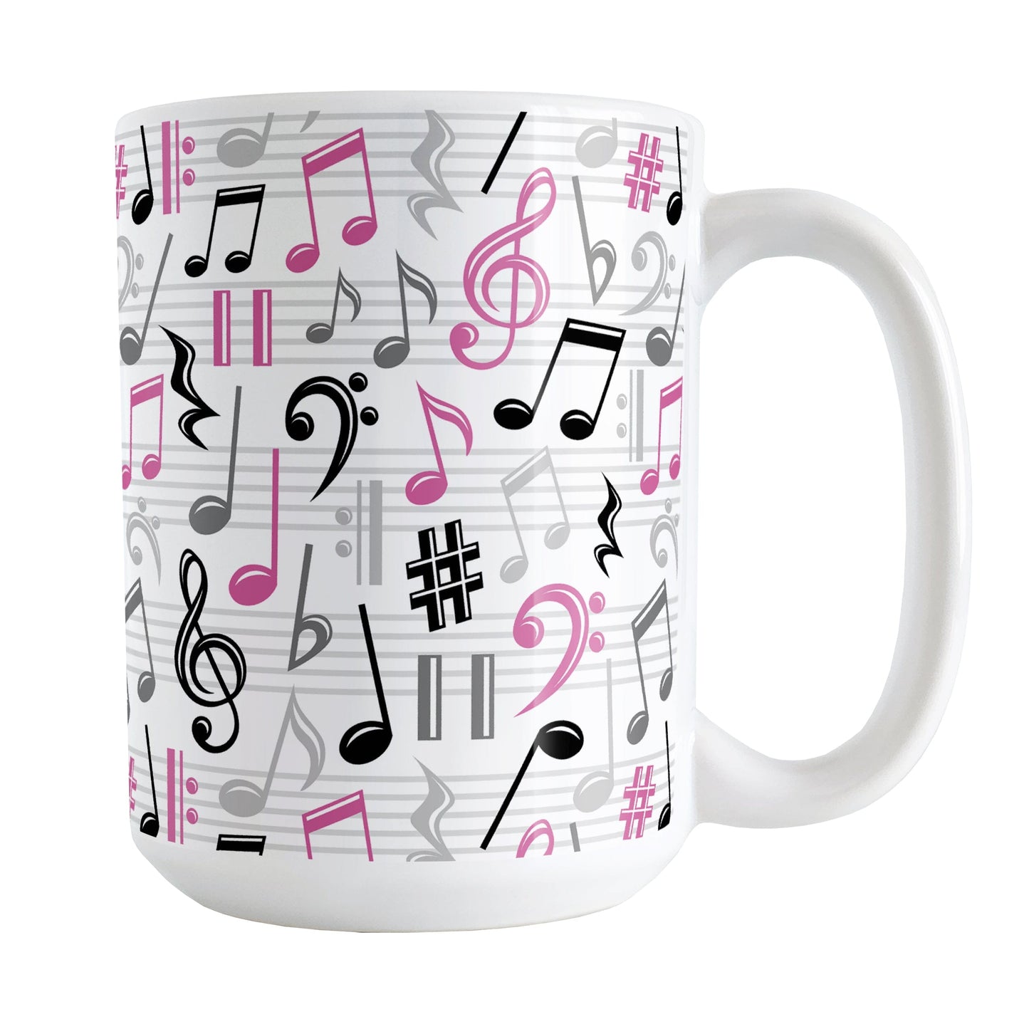 Pink Music Notes Pattern Mug (15oz) at Amy's Coffee Mugs. A ceramic coffee mug designed with music notes and symbols in pink, black, and gray in a pattern that wraps around the mug to the handle.