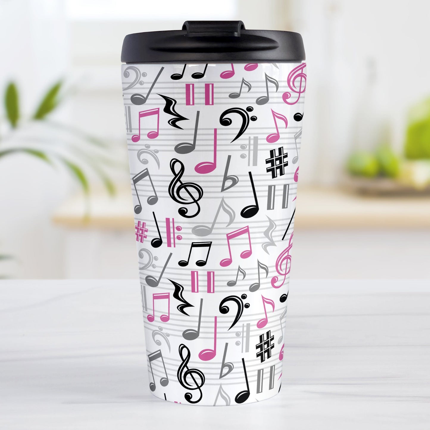 Pink Music Notes Pattern Travel Mug (15oz) at Amy's Coffee Mugs. A stainless steel travel mug designed with music notes and symbols in pink, black, and gray in a pattern that wraps around the travel mug.