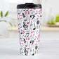 Pink Music Notes Pattern Travel Mug (15oz) at Amy's Coffee Mugs. A stainless steel travel mug designed with music notes and symbols in pink, black, and gray in a pattern that wraps around the travel mug.