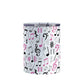Pink Music Notes Pattern Tumbler Cup (10oz) at Amy's Coffee Mugs. A stainless steel tumbler cup designed with music notes and symbols in pink, black, and gray in a pattern that wraps around the cup.