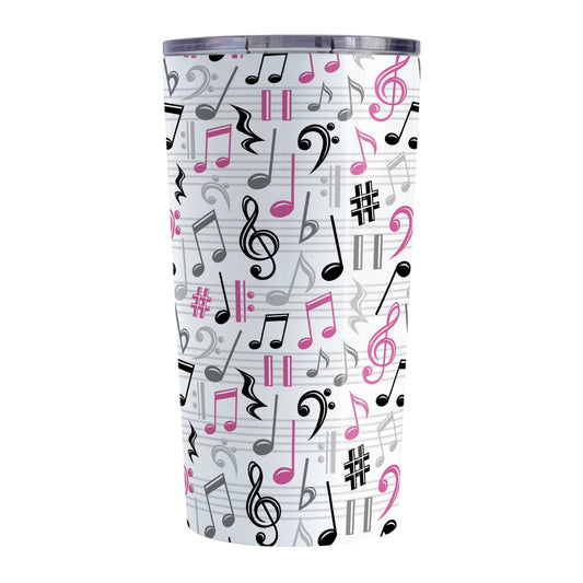 Pink Music Notes Pattern Tumbler Cup (20oz) at Amy's Coffee Mugs. A stainless steel tumbler cup designed with music notes and symbols in pink, black, and gray in a pattern that wraps around the cup.