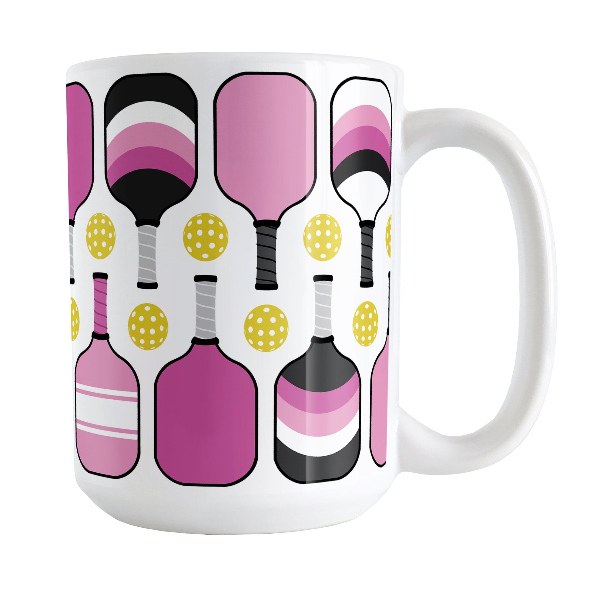 Pink Pickleball Mug (15oz) at Amy's Coffee Mugs. A ceramic coffee mug designed with modern pink pickleball paddles and yellow balls in a pattern that wraps around the mug up to the handle.