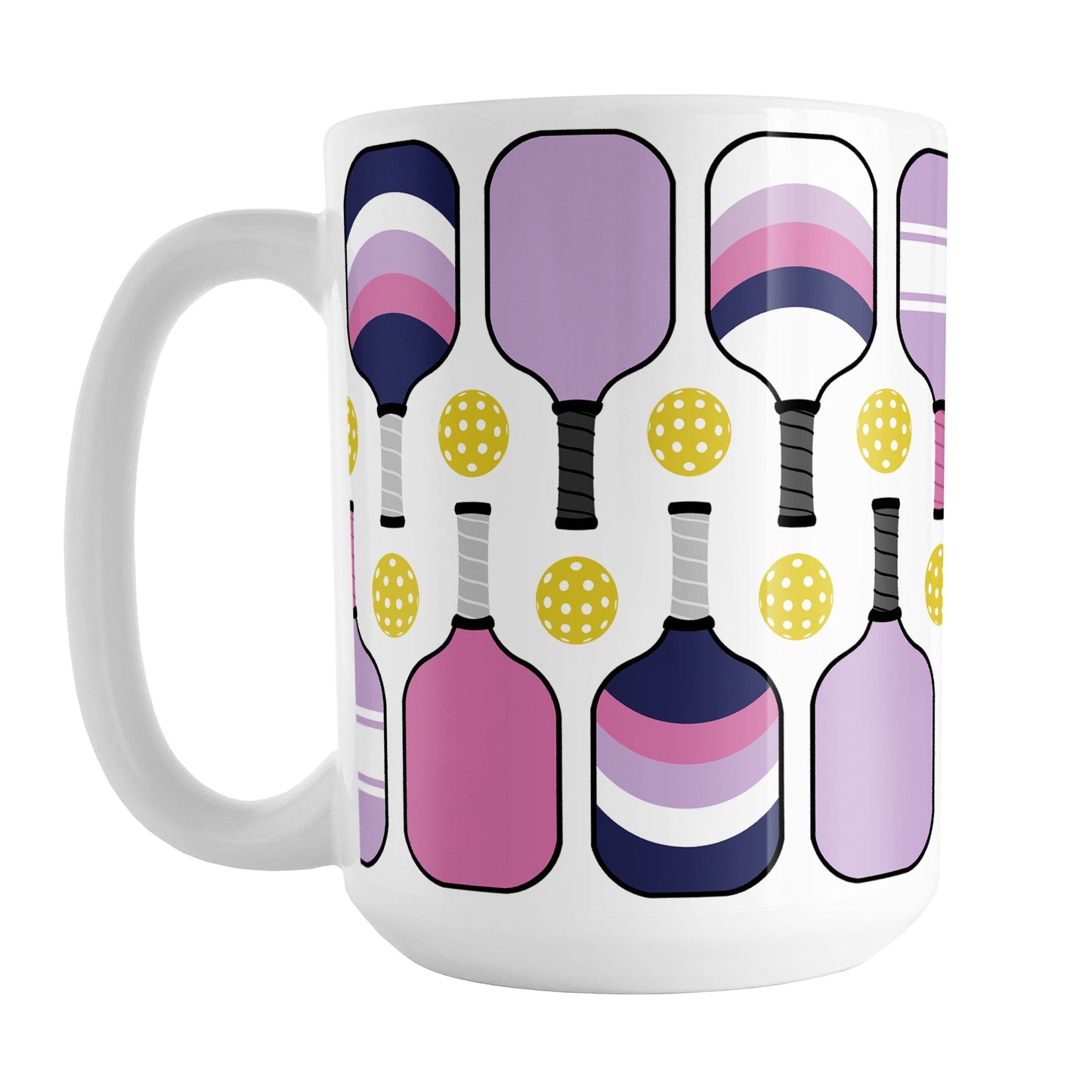 Pink Purple Navy Pickleball Mug (15oz) at Amy's Coffee Mugs. A ceramic coffee mug designed with modern pickleball paddles in bold pink, light purple, and dark navy blue, along with yellow balls in a pattern that wraps around the mug up to the handle.