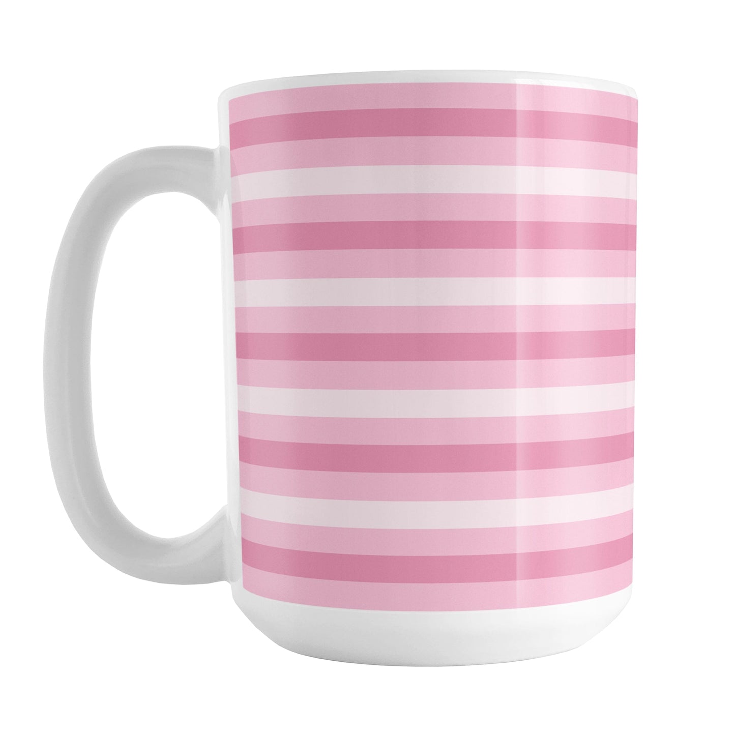 White mug with pink horizontal stripes on a white background