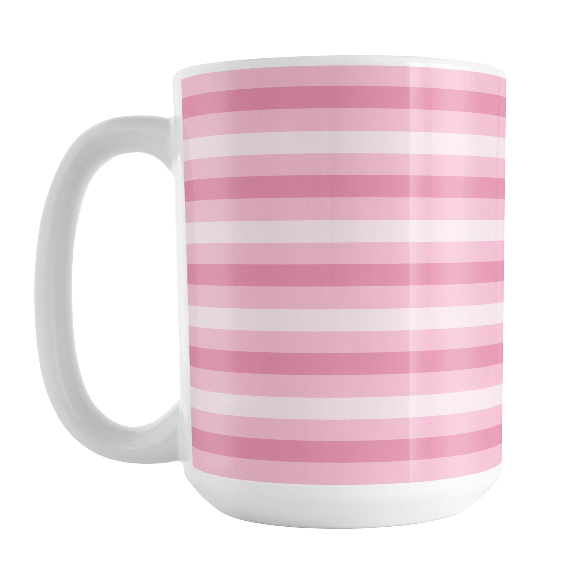White mug with pink horizontal stripes on a white background