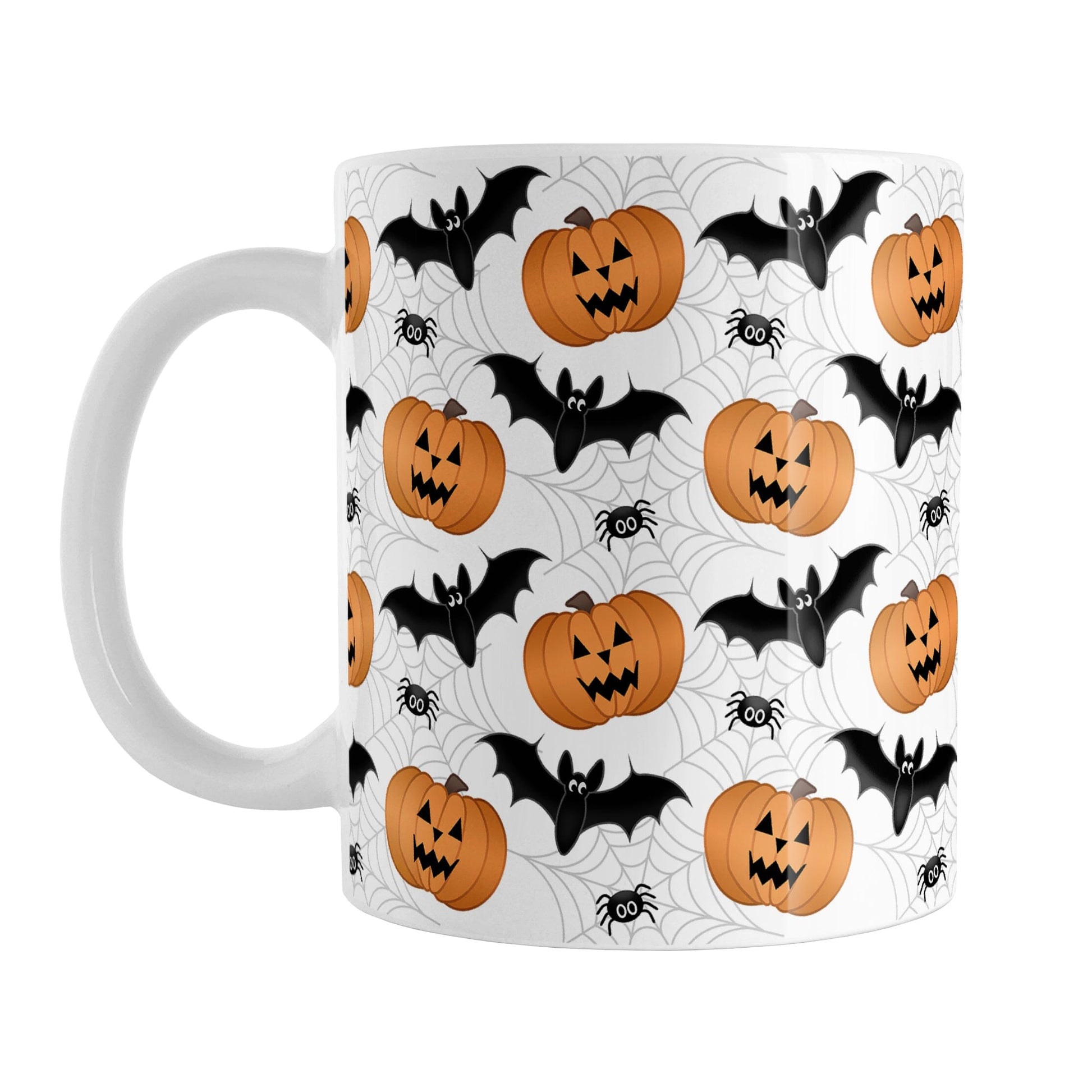 Pumpkins Bats and Spiders Halloween Mug (11oz) at Amy's Coffee Mugs. A ceramic coffee mug designed with a pattern of orange carved pumpkins, bats, and spiders in their webs in a pattern that wraps around the mug up to the handle.