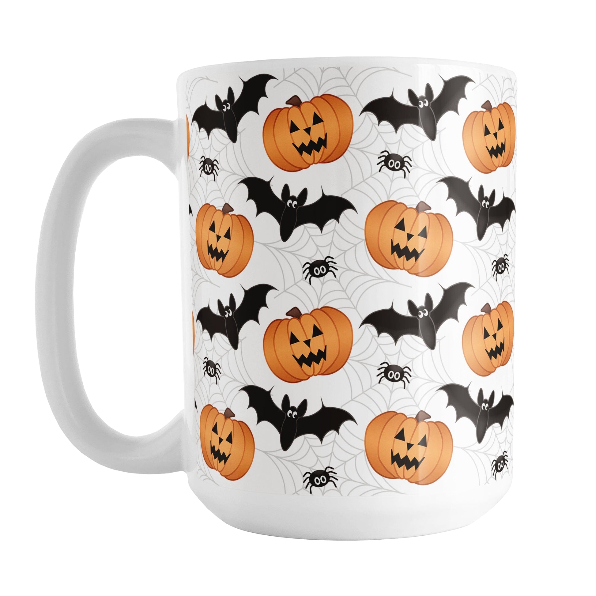 15oz white mug with Halloween-themed design featuring pumpkins, bats, and spiders on a white background