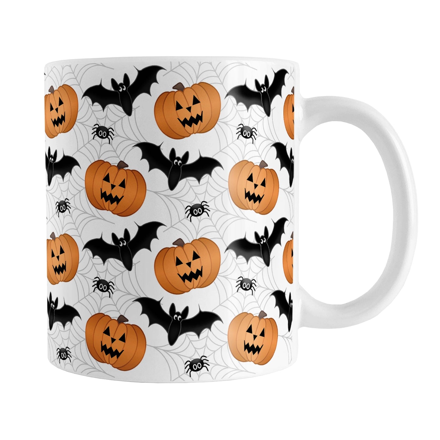 Pumpkins Bats and Spiders Halloween Mug (11oz) at Amy's Coffee Mugs. A ceramic coffee mug designed with a pattern of orange carved pumpkins, bats, and spiders in their webs in a pattern that wraps around the mug up to the handle.