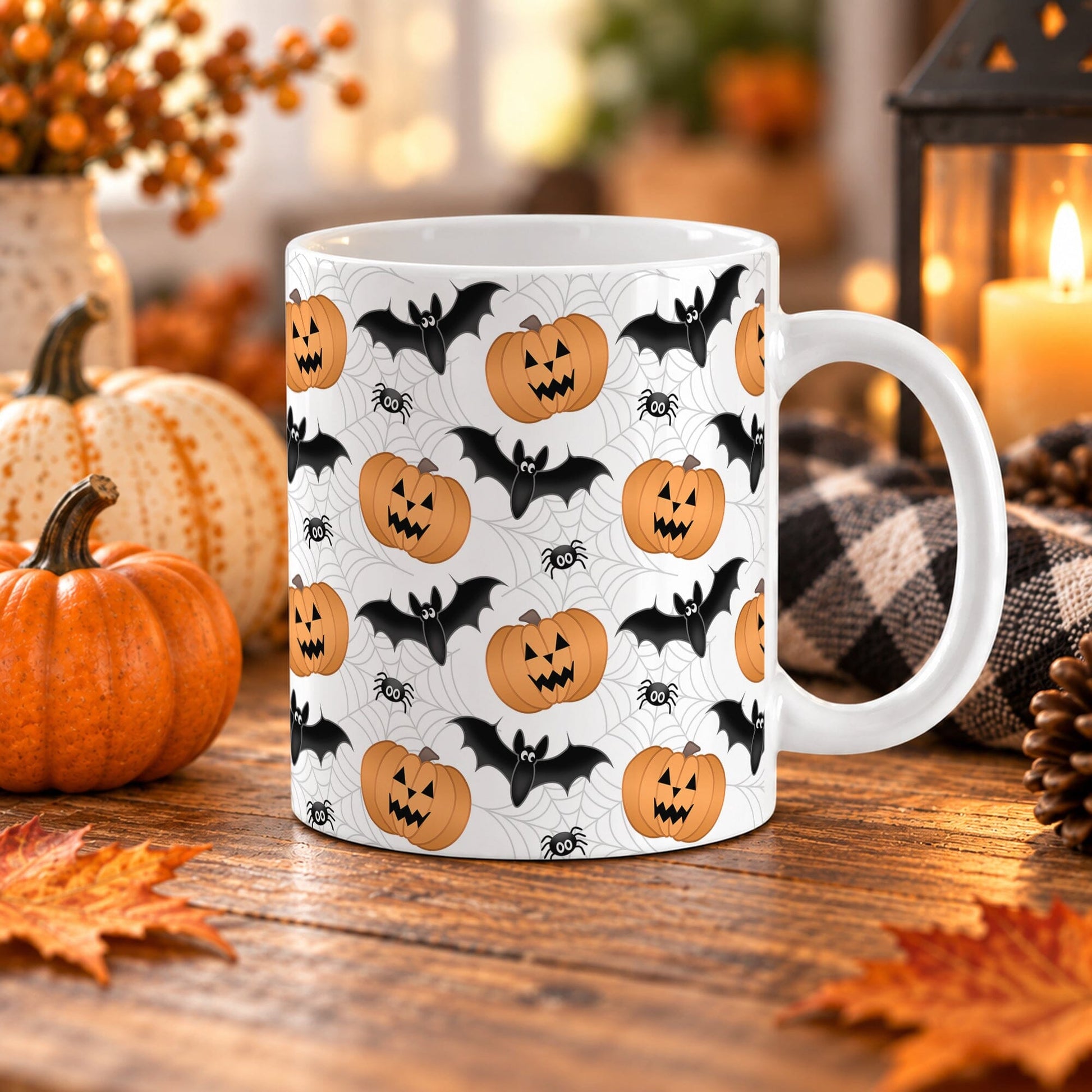 11oz mug with orange carved pumpkins, black bats, and spiders with webs, displayed on a wooden table with fall decor.