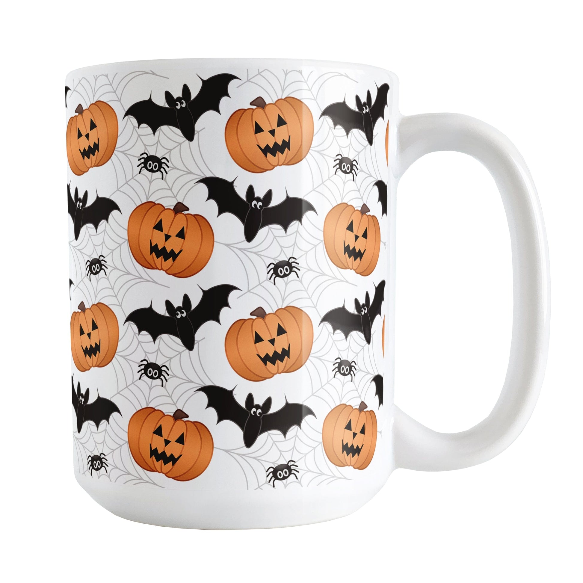 15oz white mug with Halloween-themed design featuring pumpkins, bats, and spiders on a white background.