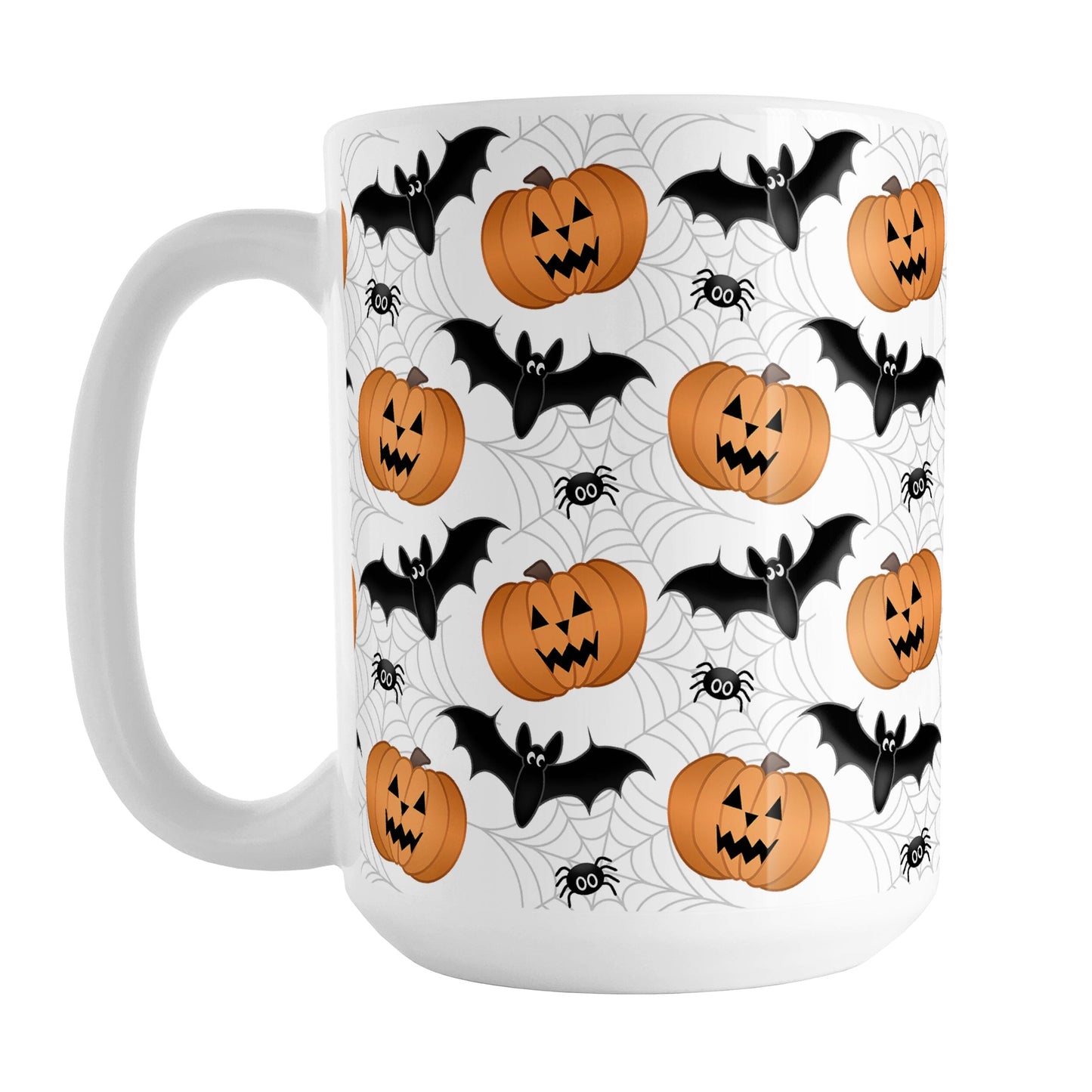 Pumpkins Bats and Spiders Halloween Mug (15oz) at Amy's Coffee Mugs. A ceramic coffee mug designed with a pattern of orange carved pumpkins, bats, and spiders in their webs in a pattern that wraps around the mug up to the handle.