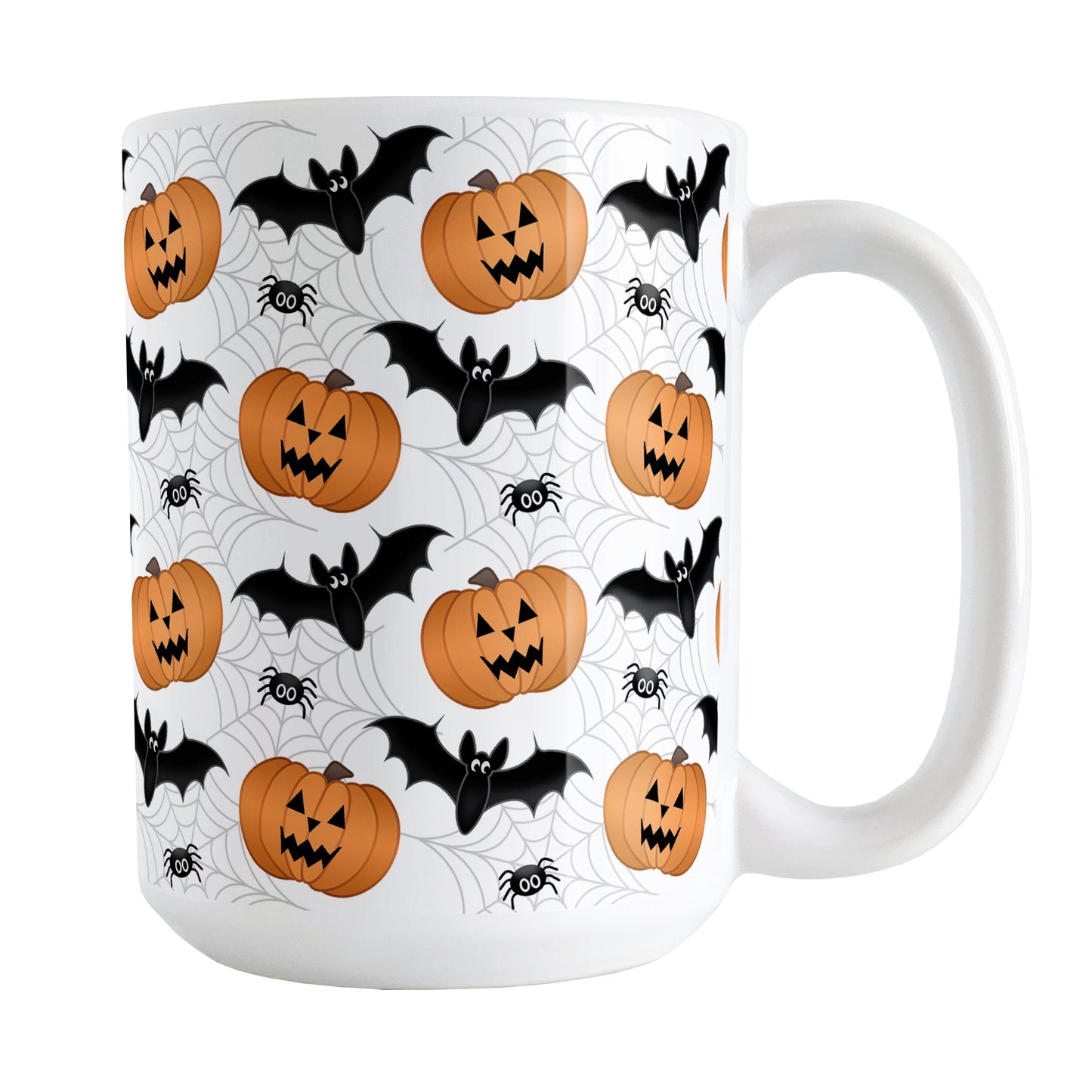 Pumpkins Bats and Spiders Halloween Mug (15oz) at Amy's Coffee Mugs. A ceramic coffee mug designed with a pattern of orange carved pumpkins, bats, and spiders in their webs in a pattern that wraps around the mug up to the handle.