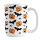 Pumpkins Bats and Spiders Halloween Mug (15oz) at Amy's Coffee Mugs. A ceramic coffee mug designed with a pattern of orange carved pumpkins, bats, and spiders in their webs in a pattern that wraps around the mug up to the handle.