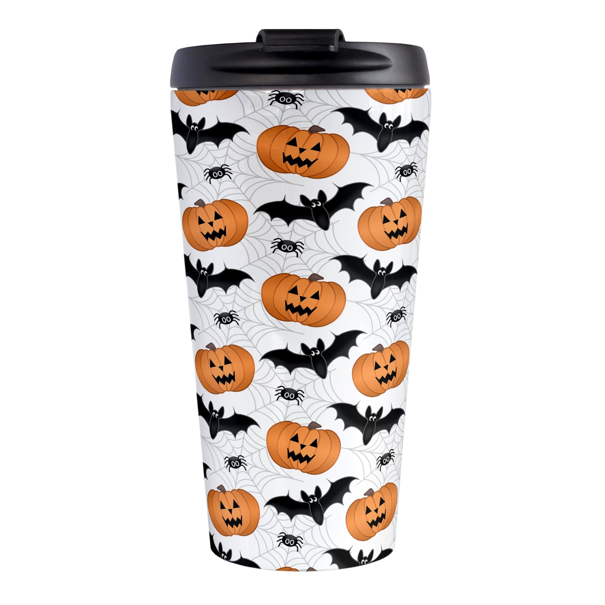 Pumpkins Bats and Spiders Halloween Travel Mug (15oz) at Amy's Coffee Mugs. A travel mug designed with a pattern of orange carved pumpkins, bats, and spiders in their webs in a pattern that wraps around the mug.