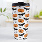 Pumpkins Bats and Spiders Halloween Travel Mug (15oz) at Amy's Coffee Mugs. A travel mug designed with a pattern of orange carved pumpkins, bats, and spiders in their webs in a pattern that wraps around the mug.