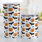 Pumpkins Bats and Spiders Halloween Tumbler Cup (20oz or 10oz) at Amy's Coffee Mugs. A tumbler cup designed with a pattern of orange carved pumpkins, bats, and spiders in their webs in a pattern that wraps around the cup. Photo shows both sized cups on a table next to each other.