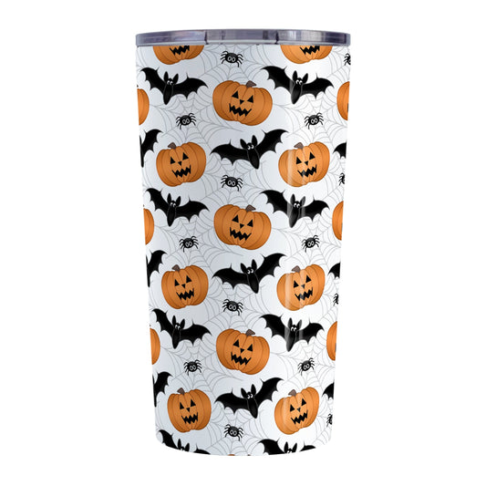 Pumpkins Bats and Spiders Halloween Tumbler Cup (20oz) at Amy's Coffee Mugs. A tumbler cup designed with a pattern of orange carved pumpkins, bats, and spiders in their webs in a pattern that wraps around the cup.