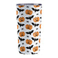 Pumpkins Bats and Spiders Halloween Tumbler Cup (20oz) at Amy's Coffee Mugs. A tumbler cup designed with a pattern of orange carved pumpkins, bats, and spiders in their webs in a pattern that wraps around the cup.