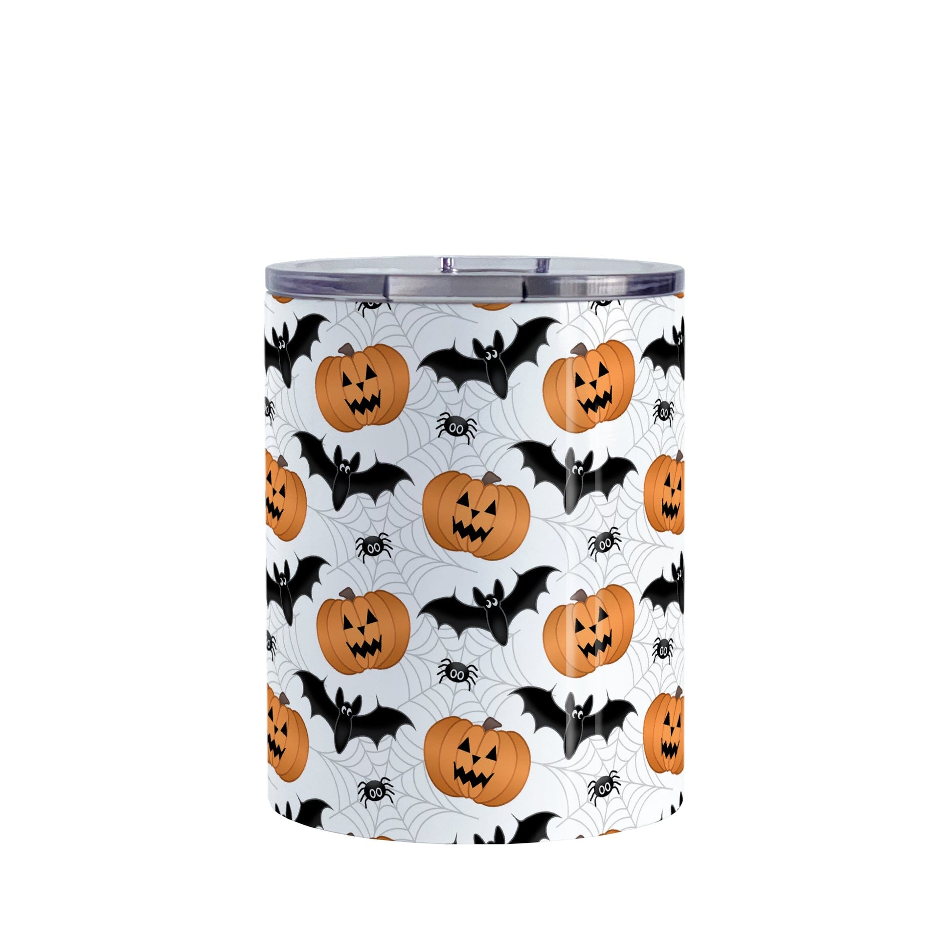 Pumpkins Bats and Spiders Halloween Tumbler Cup (10oz) at Amy's Coffee Mugs. A tumbler cup designed with a pattern of orange carved pumpkins, bats, and spiders in their webs in a pattern that wraps around the cup.