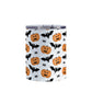 Pumpkins Bats and Spiders Halloween Tumbler Cup (10oz) at Amy's Coffee Mugs. A tumbler cup designed with a pattern of orange carved pumpkins, bats, and spiders in their webs in a pattern that wraps around the cup.