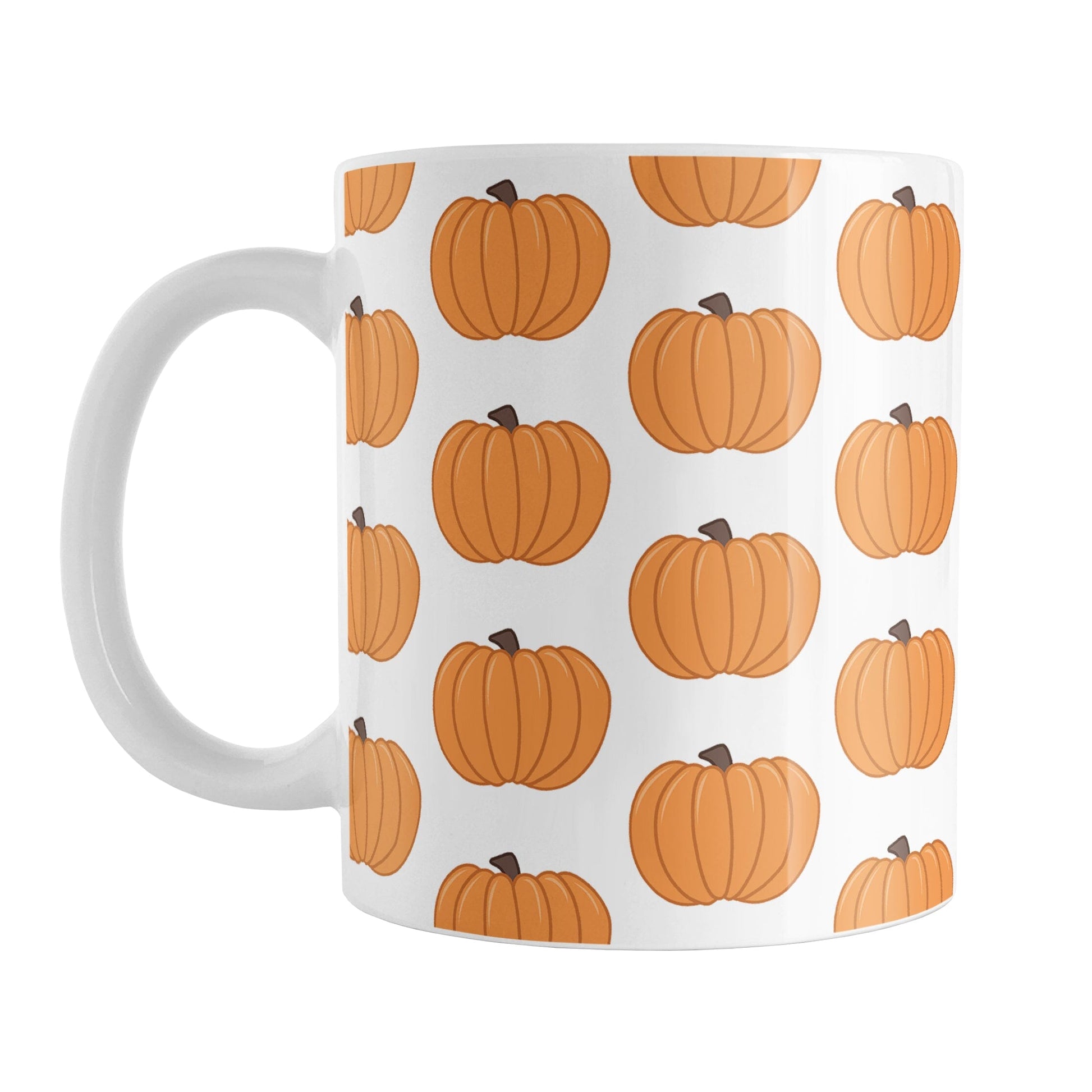 Pumpkins Mug (11oz) at Amy's Coffee Mugs. A ceramic coffee mug designed with illustrated orange pumpkins in a pattern that wraps around the mug to the handle.