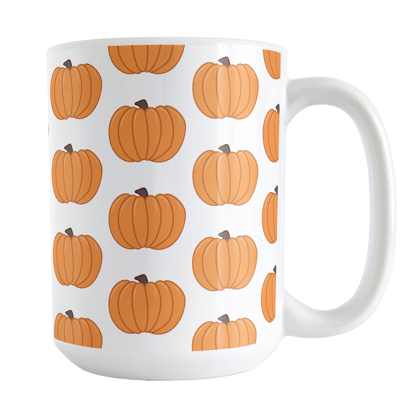 Pumpkins Mug (15oz) at Amy's Coffee Mugs. A ceramic coffee mug designed with illustrated orange pumpkins in a pattern that wraps around the mug to the handle.