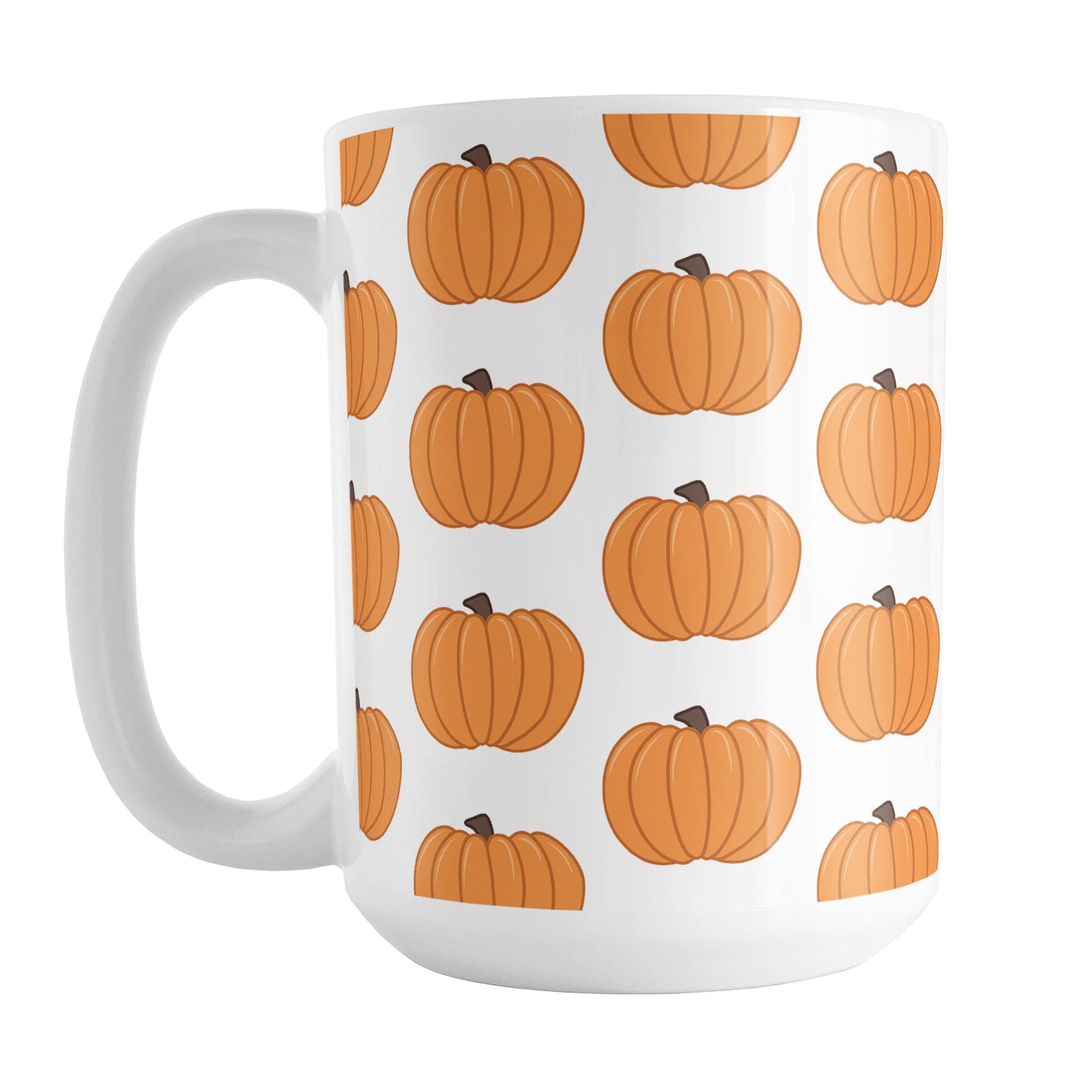 Pumpkins Mug (15oz) at Amy's Coffee Mugs. A ceramic coffee mug designed with illustrated orange pumpkins in a pattern that wraps around the mug to the handle.