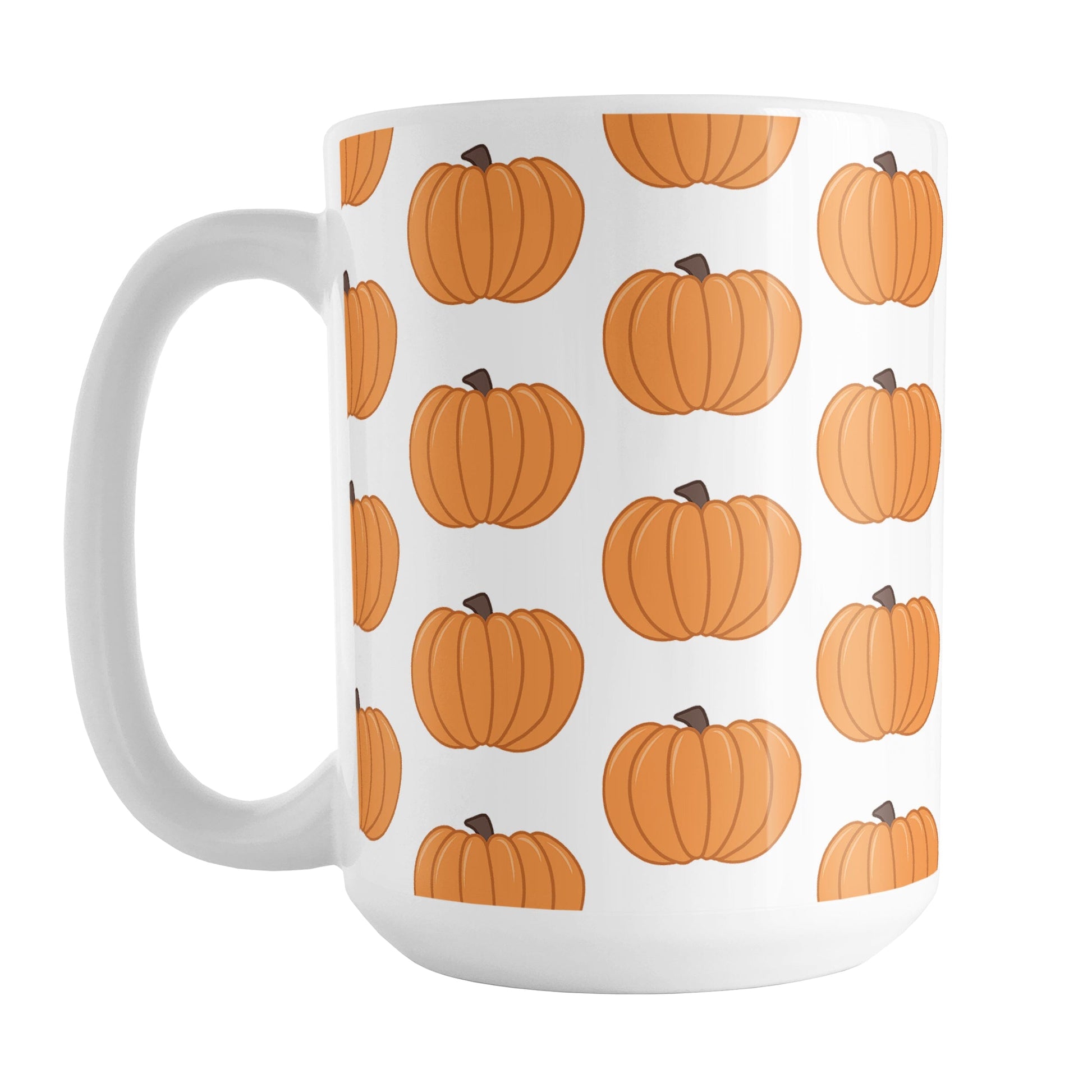 Pumpkins Mug (15oz) at Amy's Coffee Mugs. A ceramic coffee mug designed with illustrated orange pumpkins in a pattern that wraps around the mug to the handle.