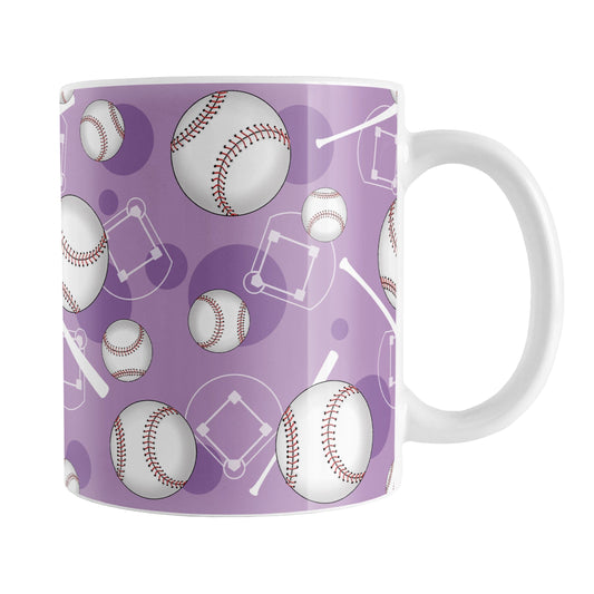 Purple Baseball Pattern Mug (11oz) at Amy's Coffee Mugs. A ceramic coffee mug designed with a pattern of baseballs, baseball diamonds, baseball bats, and purple circles over a light purple background color that wraps around the mug up to the handle.