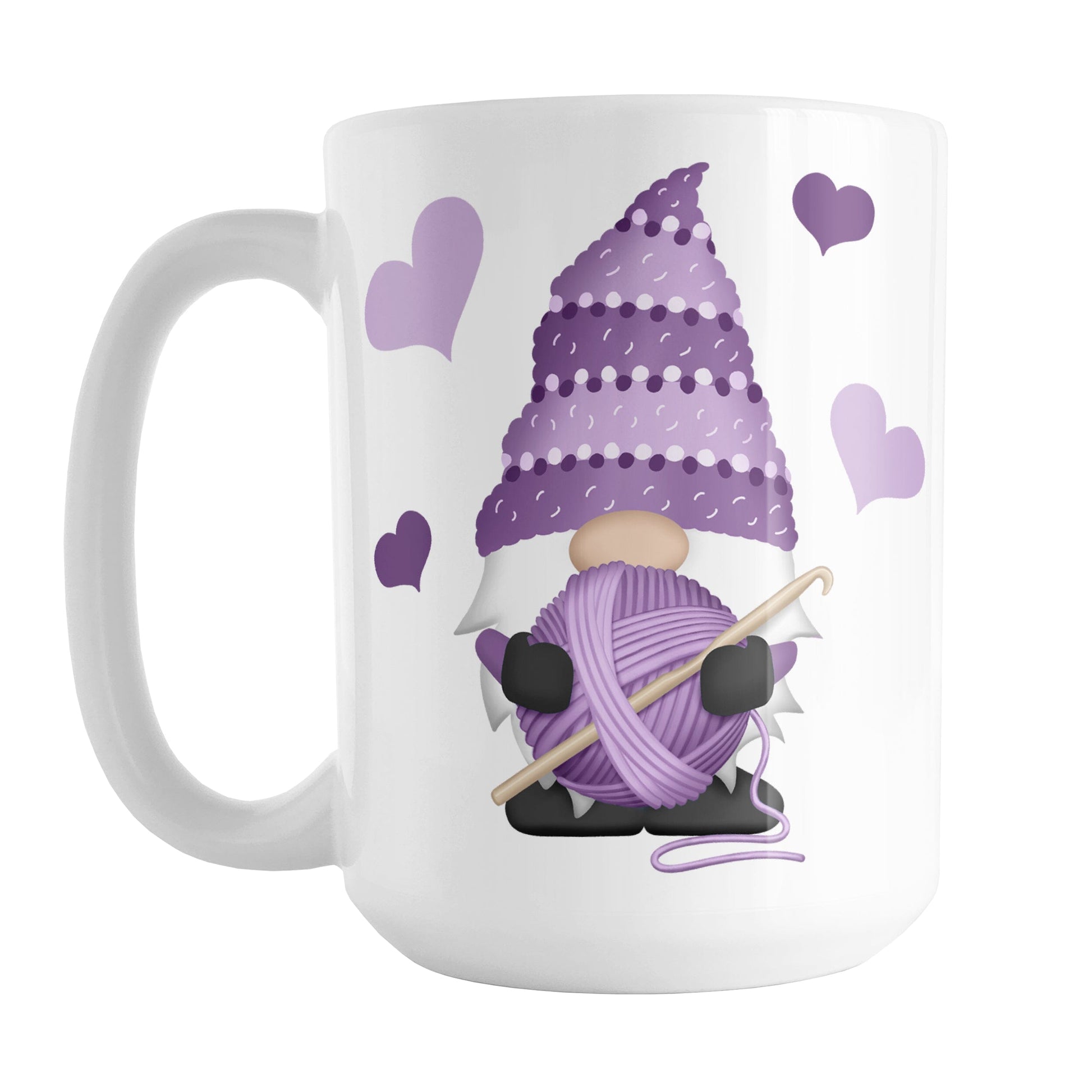 Purple Crochet Gnome Mug (15oz) at Amy's Coffee Mugs. A ceramic coffee mug designed with a cute gnome wearing a purple crochet hat while holding a ball of purple yarn and a crochet hook with purple hearts around him. This cute crochet gnome illustration is on both sides of the mug. 
