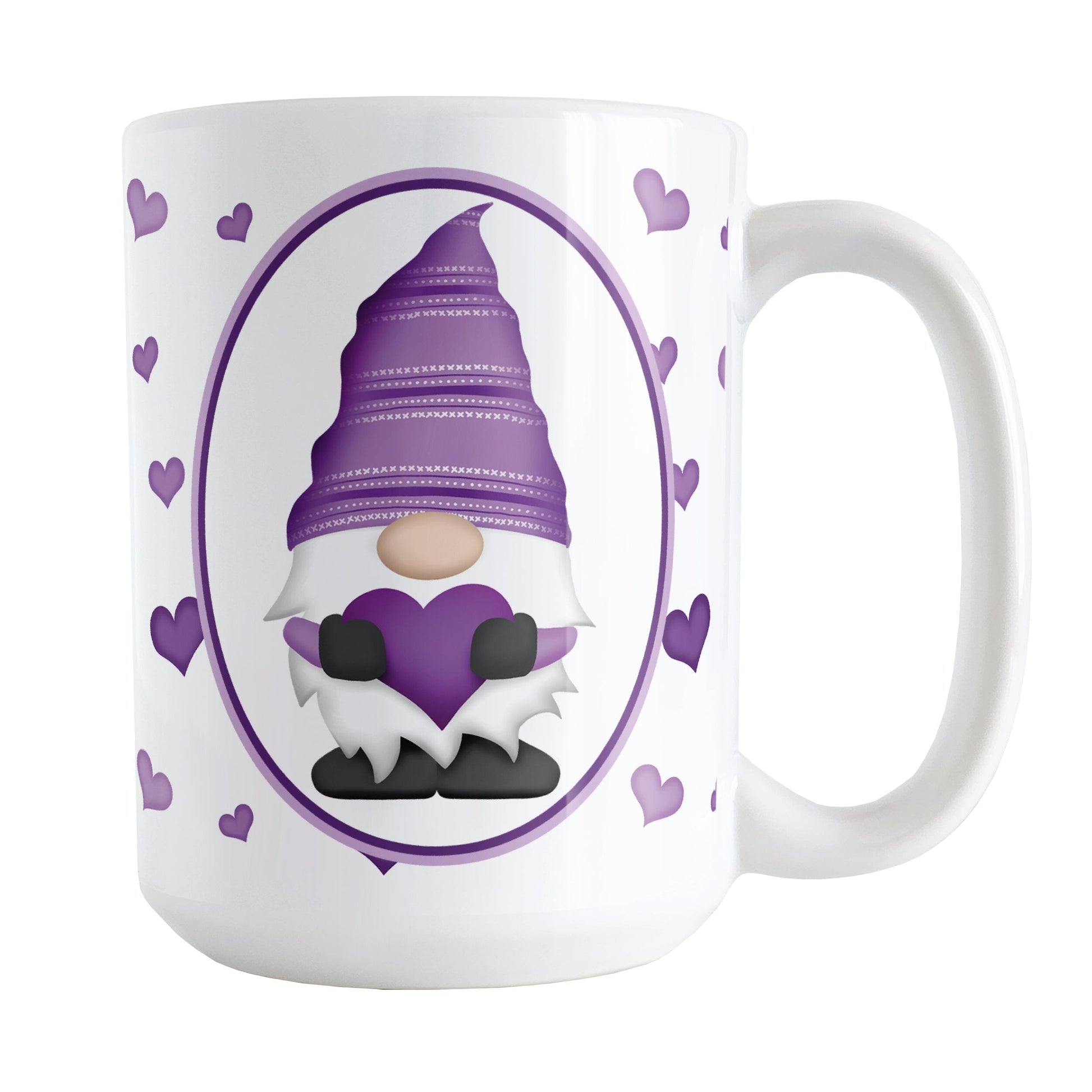 Purple Gnome Dainty Hearts Mug (15oz) at Amy's Coffee Mugs. A ceramic coffee mug designed with an adorable purple gnome in a white oval on both sides of the mug over a pattern of cute dainty hearts in different shades of purple that wrap around the mug to the handle.